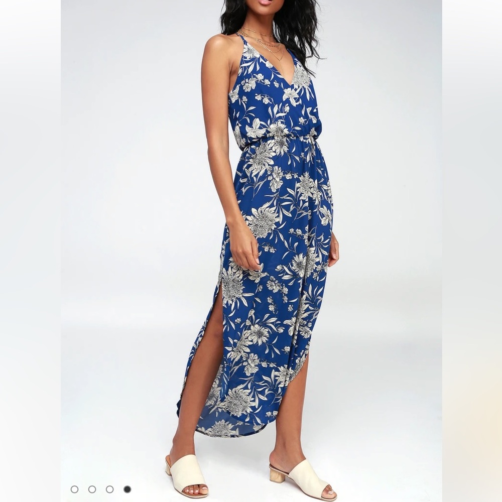 Along the Waterway Blue Floral Print Midi Dress